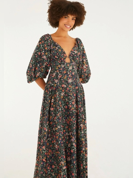 FARM Rio Dresses & Skirts - FARM Rio Black Floral Maxi Dress with Puff Sleeves
